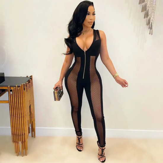 Women Sexy Mesh Stitching Zipper Jumpsuits Women Sexy Mesh Stitching Zipper Jumpsuits