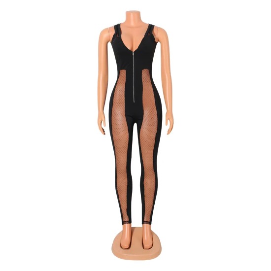 Women Sexy Mesh Stitching Zipper Jumpsuits Women Sexy Mesh Stitching Zipper Jumpsuits
