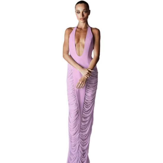 Women Sexy Solid Color Deep V Neck Mesh Stitching Bodycon Maxi Dress