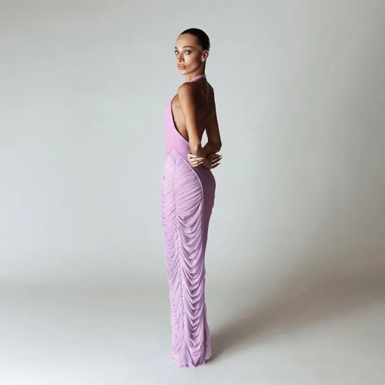 Women Sexy Solid Color Deep V Neck Mesh Stitching Bodycon Maxi Dress
