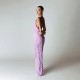 Women Sexy Solid Color Deep V Neck Mesh Stitching Bodycon Maxi Dress