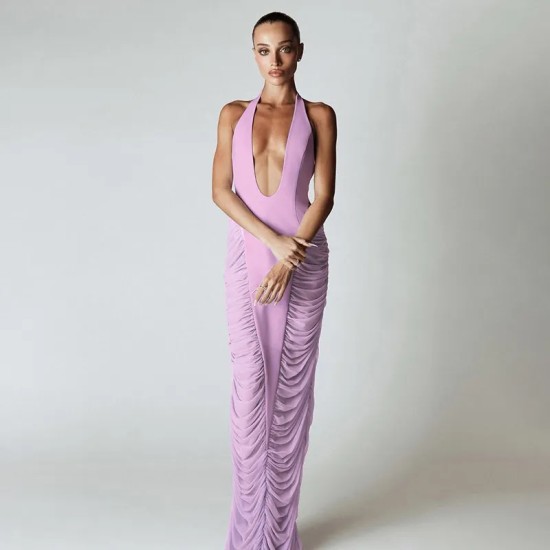 Women Sexy Solid Color Deep V Neck Mesh Stitching Bodycon Maxi Dress