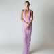Women Sexy Solid Color Deep V Neck Mesh Stitching Bodycon Maxi Dress