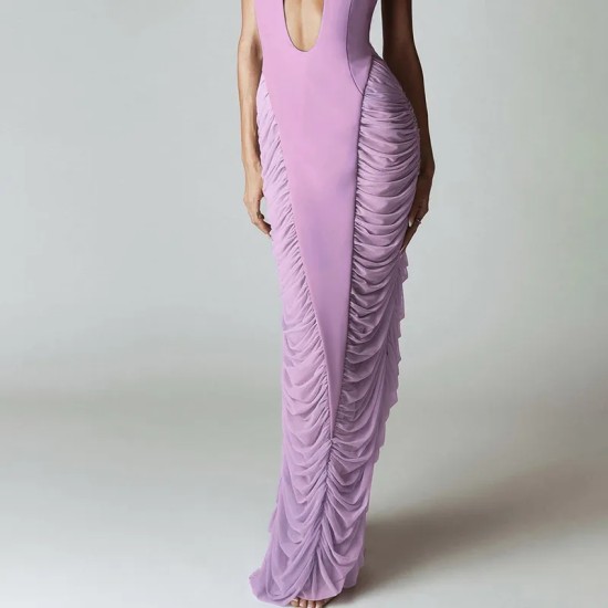 Women Sexy Solid Color Deep V Neck Mesh Stitching Bodycon Maxi Dress