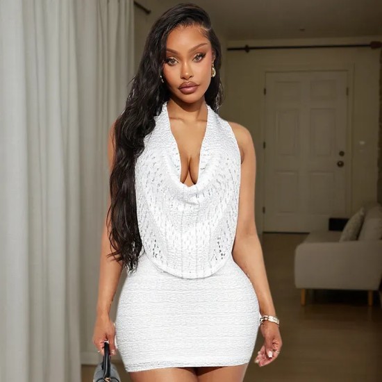 Women Fashion Sexy Solid Color Lace Halter-Neck Backless Top Slim Fit Skirt Two-Piece Set