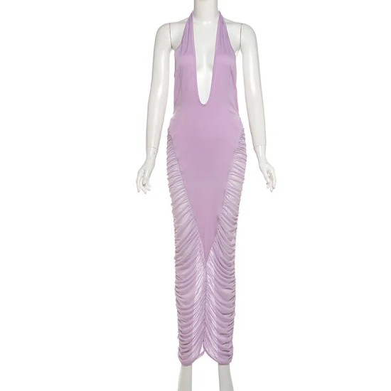 Women Sexy Solid Color Deep V Neck Mesh Stitching Bodycon Maxi Dress