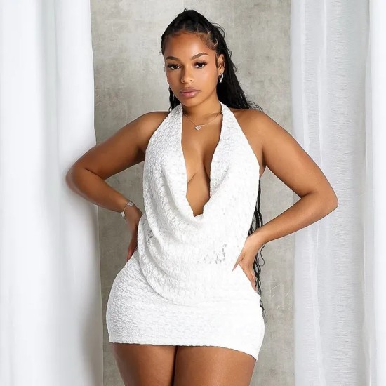 Women Fashion Sexy Solid Color Lace Halter-Neck Backless Top Slim Fit Skirt Two-Piece Set