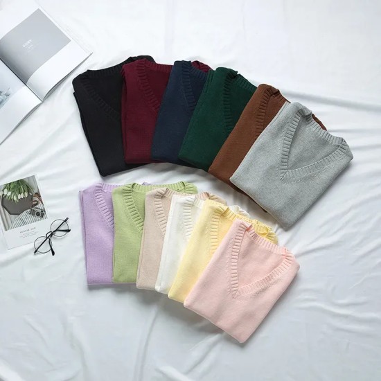 Women Fashion Solid Color V-Neck Sleeveless Knitwear