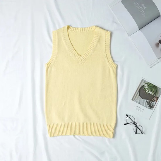 Women Fashion Solid Color V-Neck Sleeveless Knitwear