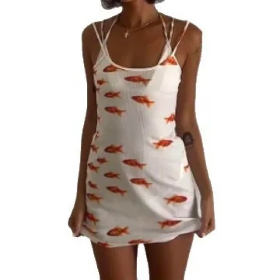Women Fashion Sexy Goldfish Print Sleeveless Spaghetti Strap Tight Dress