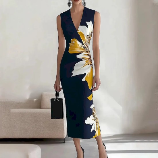 Women Fashion Elegant Floral Printed V-Neck Sleeveless Slim Fit Dress