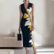 Women Fashion Elegant Floral Printed V-Neck Sleeveless Slim Fit Dress