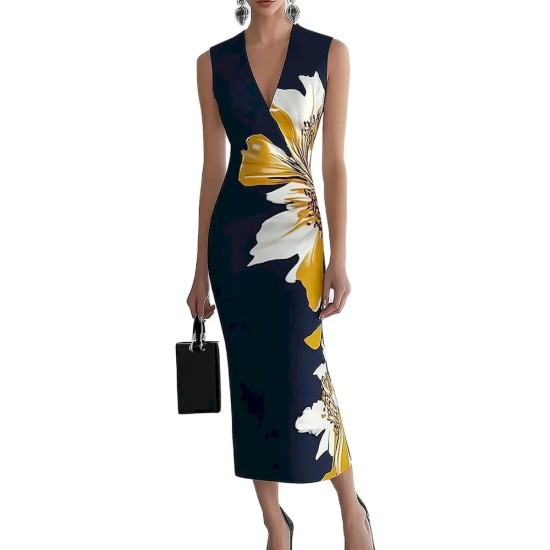 Women Fashion Elegant Floral Printed V-Neck Sleeveless Slim Fit Dress