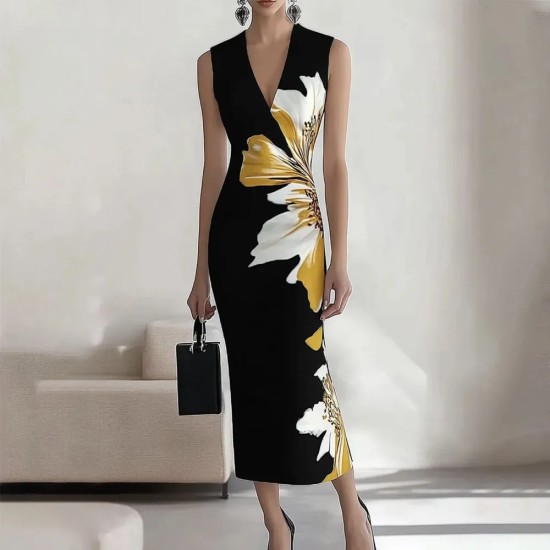 Women Fashion Elegant Floral Printed V-Neck Sleeveless Slim Fit Dress
