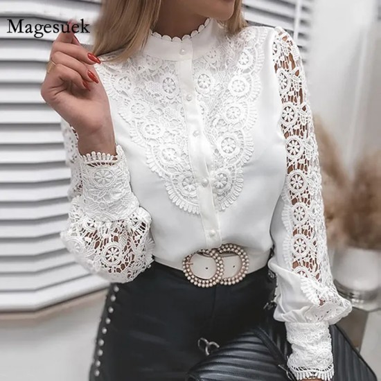 Women Spring Sexy Lace Patchwork Solid Color Hollow Out Vintage Long Sleeves Blouse