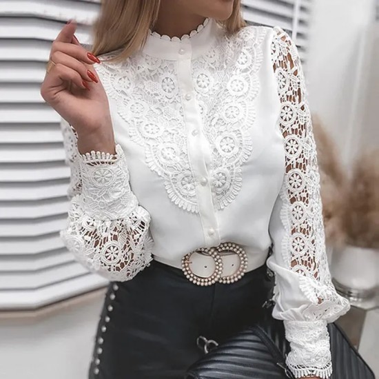 Women Spring Sexy Lace Patchwork Solid Color Hollow Out Vintage Long Sleeves Blouse