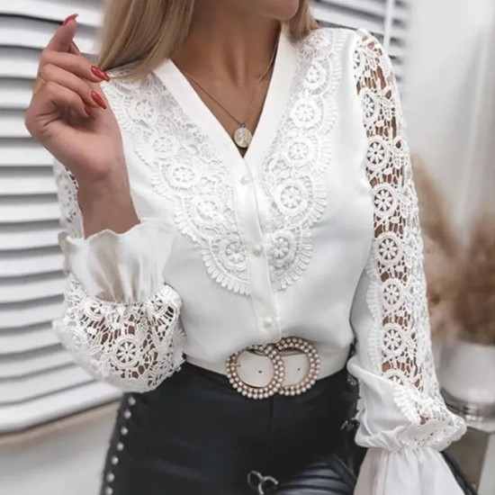 Women Spring Sexy Lace Patchwork Solid Color Hollow Out Vintage Long Sleeves Blouse