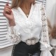 Women Spring Sexy Lace Patchwork Solid Color Hollow Out Vintage Long Sleeves Blouse