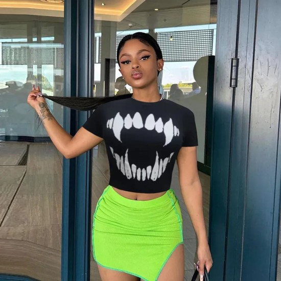 Women Fashion Summer Round Neck Printed Short-Sleeved Cropped Top T-Shirt