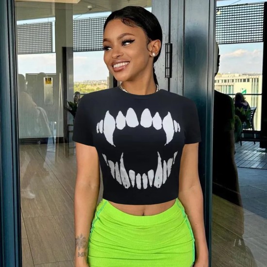 Women Fashion Summer Round Neck Printed Short-Sleeved Cropped Top T-Shirt