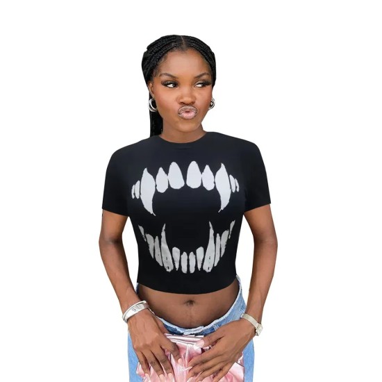 Women Fashion Summer Round Neck Printed Short-Sleeved Cropped Top T-Shirt
