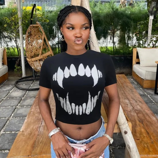 Women Fashion Summer Round Neck Printed Short-Sleeved Cropped Top T-Shirt