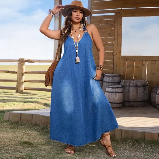 Women Fashion Plus Size Deep V-Neck Sleeveless Loose Denim Dress Women Fashion Plus Size Deep V-Neck Sleeveless Loose Denim Dress