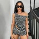 Women Fashion Sexy Zebra Printed Slant Shoulder Lace-Up Tank Top Tight Shorts Two-Piece Set