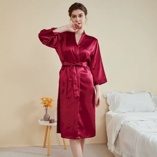 Women Fashion Solid Color Satin Long-Sleeve Lace-Up Loose Pajamas Women Fashion Solid Color Satin Long-Sleeve Lace-Up Loose Pajamas
