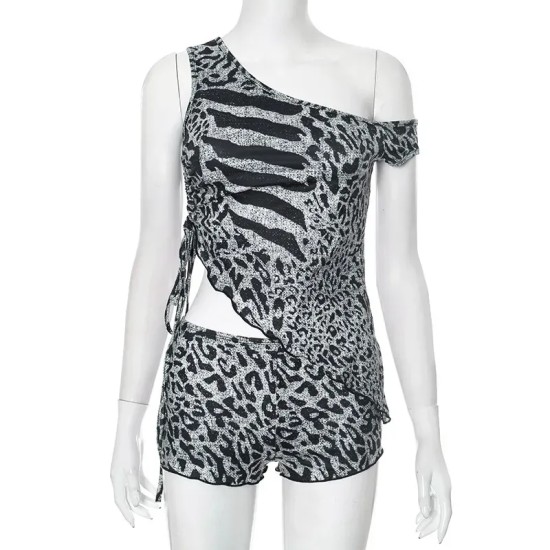 Women Fashion Sexy Zebra Printed Slant Shoulder Lace-Up Tank Top Tight Shorts Two-Piece Set