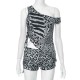 Women Fashion Sexy Zebra Printed Slant Shoulder Lace-Up Tank Top Tight Shorts Two-Piece Set