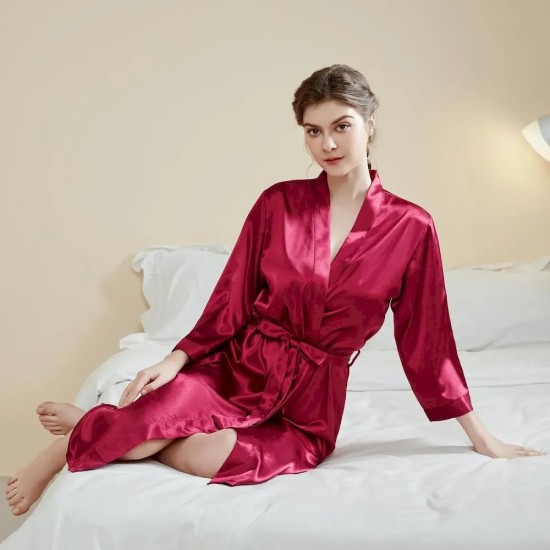 Women Fashion Solid Color Satin Long-Sleeve Lace-Up Loose Pajamas Women Fashion Solid Color Satin Long-Sleeve Lace-Up Loose Pajamas