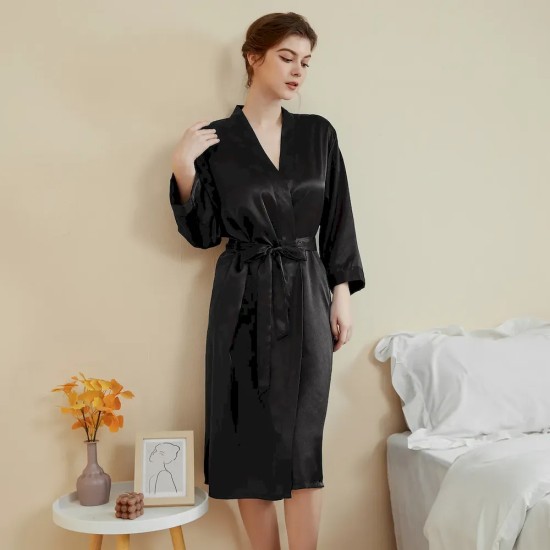 Women Fashion Solid Color Satin Long-Sleeve Lace-Up Loose Pajamas Women Fashion Solid Color Satin Long-Sleeve Lace-Up Loose Pajamas