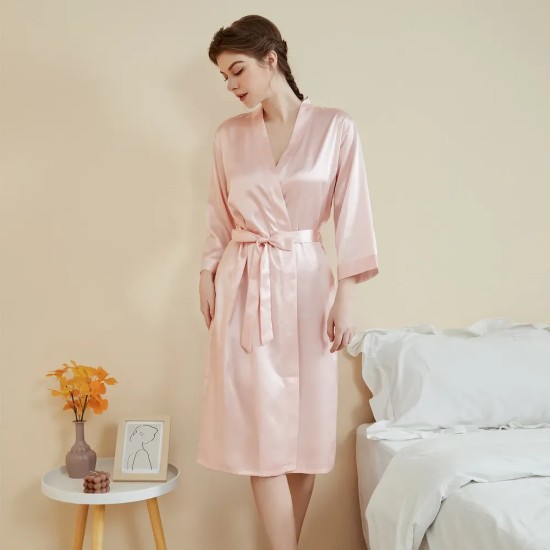 Women Fashion Solid Color Satin Long-Sleeve Lace-Up Loose Pajamas Women Fashion Solid Color Satin Long-Sleeve Lace-Up Loose Pajamas