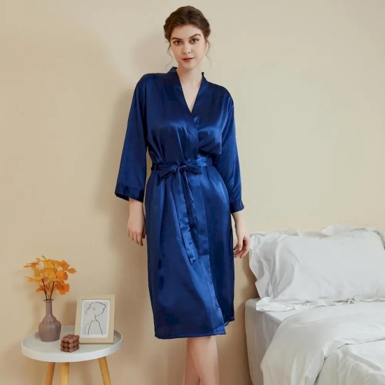 Women Fashion Solid Color Satin Long-Sleeve Lace-Up Loose Pajamas Women Fashion Solid Color Satin Long-Sleeve Lace-Up Loose Pajamas
