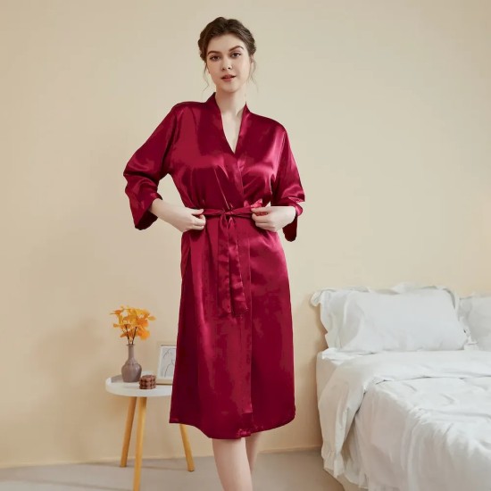 Women Fashion Solid Color Satin Long-Sleeve Lace-Up Loose Pajamas Women Fashion Solid Color Satin Long-Sleeve Lace-Up Loose Pajamas
