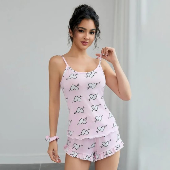 Women Fashion Sexy Love Printed Camisole Loose Shorts Pajamas Two-Piece Set Women Fashion Sexy Love Printed Camisole Loose Shorts Pajamas Two-Piece Set