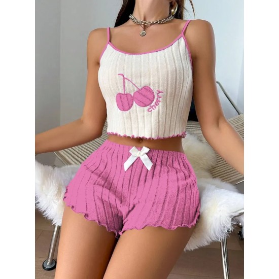 Women Fashion Sexy Embroidered Stripe Camisole Bowknot Shorts Pajamas Two-Piece Set Women Fashion Sexy Embroidered Stripe Camisole Bowknot Shorts Pajamas Two-Piece Set