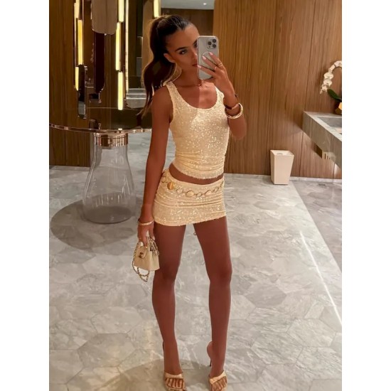 Women Fashion Sexy Solid Color Sequin Beaded Tank Top Tight Skirts Two-Piece Set