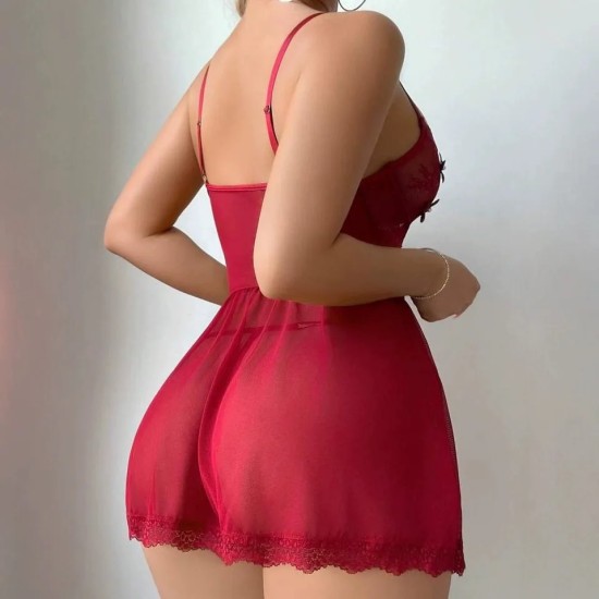 Women Fashion Sexy Floral Lace Perspective Pajamas Two-Piece Set