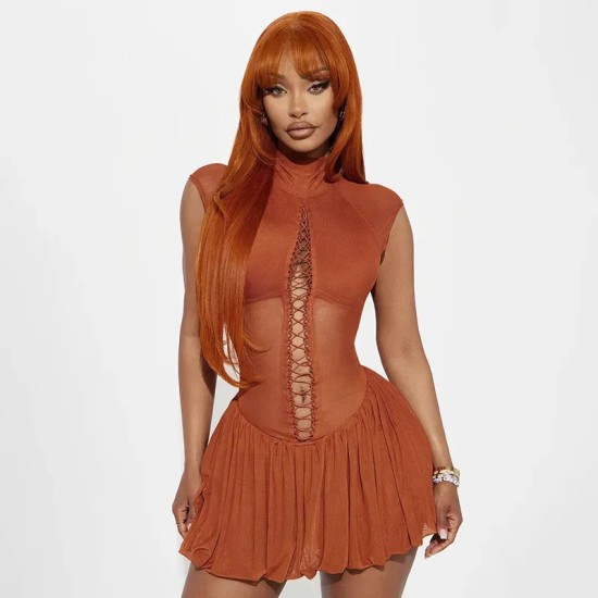 Women Fashion Lace-Up Hollow-Out Stitching Mesh Dress Women Fashion Lace-Up Hollow-Out Stitching Mesh Dress