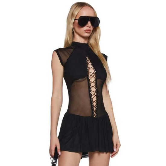 Women Fashion Lace-Up Hollow-Out Stitching Mesh Dress Women Fashion Lace-Up Hollow-Out Stitching Mesh Dress
