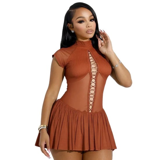Women Fashion Lace-Up Hollow-Out Stitching Mesh Dress Women Fashion Lace-Up Hollow-Out Stitching Mesh Dress