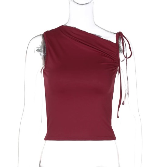 Women Fashion Sexy Solid Color Pleated Oblique Collar Sleeveless Drawstring Crop Top