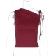 Women Fashion Sexy Solid Color Pleated Oblique Collar Sleeveless Drawstring Crop Top