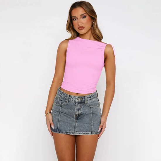 Women Fashion Sexy Solid Color Pleated Oblique Collar Sleeveless Drawstring Crop Top
