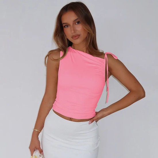 Women Fashion Sexy Solid Color Pleated Oblique Collar Sleeveless Drawstring Crop Top