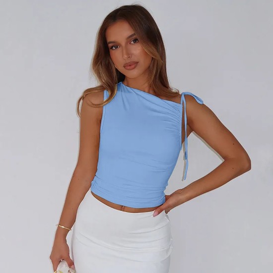 Women Fashion Sexy Solid Color Pleated Oblique Collar Sleeveless Drawstring Crop Top