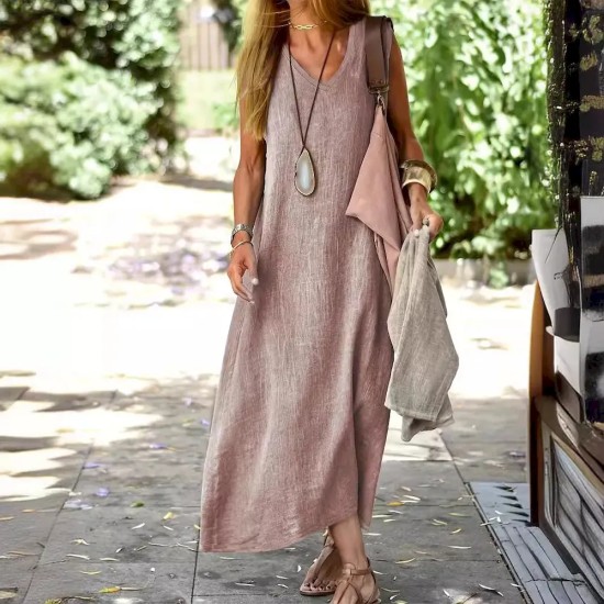 Women Fashion Casual Solid Color Cotton And Linen V-Neck Sleeveless Loose Dress