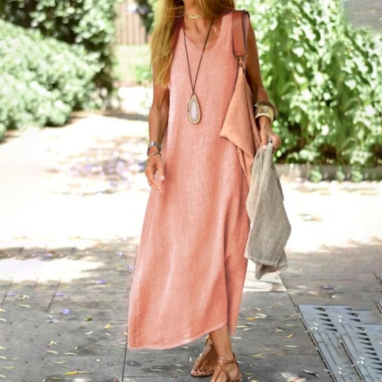 Women Fashion Casual Solid Color Cotton And Linen V-Neck Sleeveless Loose Dress